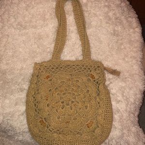 Vintage crochet and wooden bead lined tote bag